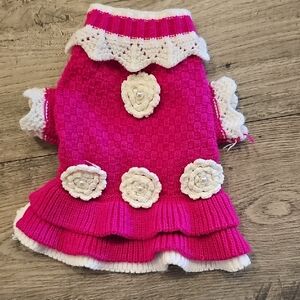 Pink and White Knitted Dog Dress